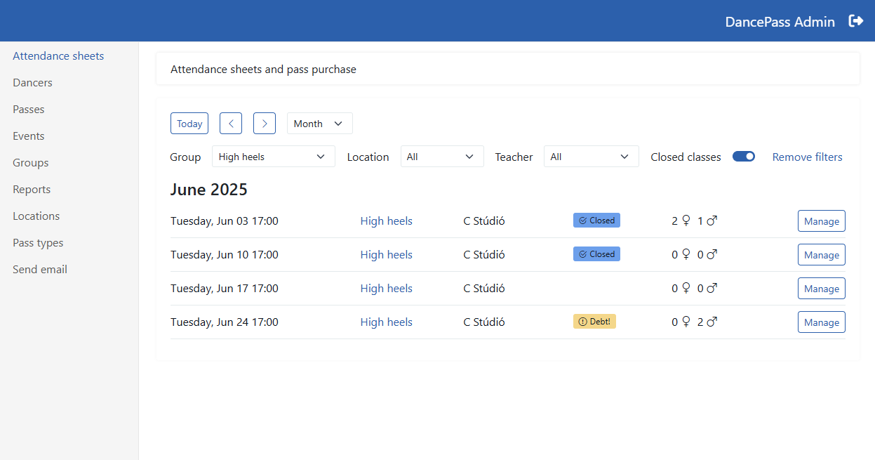 screenshot of the dancepass attendance sheet